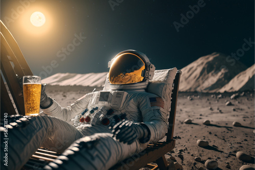 An astronaut lies on a sun lounger and drinks beer on an alien planet, the conce Fototapet
