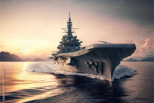 a large military ship sailing across the ocean at sunset or dawn with a helicopter flying over it and a helicopter landing on the ship's side of the ship, with a lot of Fototapet