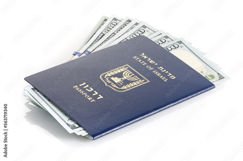 Israel passport with dollar bills on white background. Passport of Israel with American dollars on white background. Israel passport with dollar bills on white background. Passport of Israel with American dollars on white background.