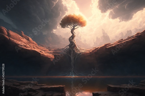 Magnificent Tree of Life Landscape Illustration - Scene with river, mountains clouds and sun in background,god rays, clouds break open, centered composition