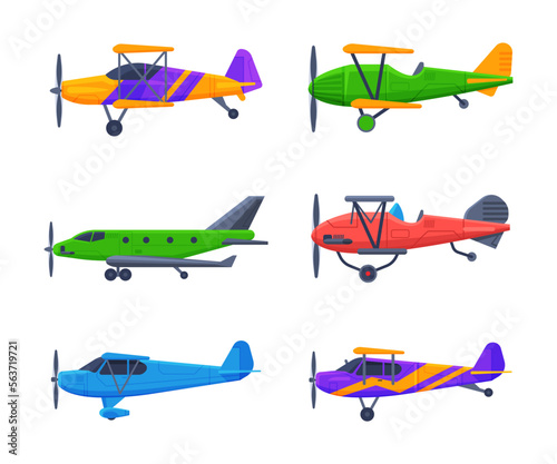 Airplane with Propeller and Wings Side View Vector Set