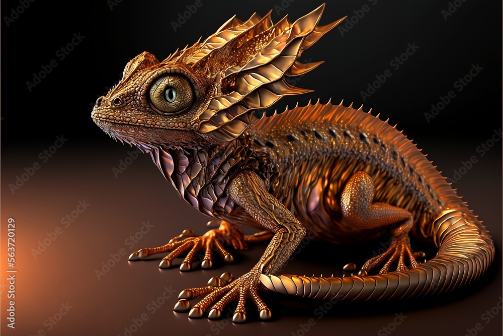 Fototapeta premium Illustrated image of a dragon in gold metallic color with crystal eyes.