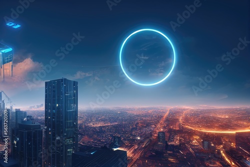 Futuristic Cityscape with Glowing Circle at Night Made with Generative AI