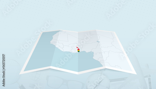Map of Togo with the flag of Togo in the contour of the map on a trip abstract backdrop.