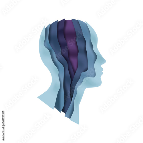 Paper cut man head illustration on isolated white background. Colorful unisex person face profile with layered 3D papercut waves for psychology therapy, creative mind or social business concept. photo