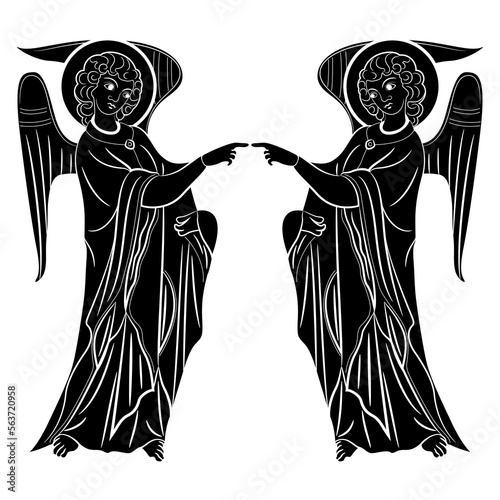 Symmetrical religious design with two standing medieval angels touching hands. Black and white silhouette.