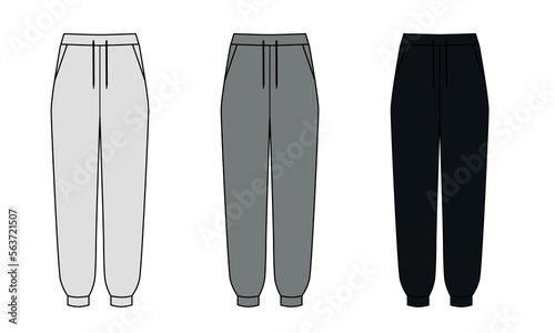 Set of sketches of black sweatpants, vector. Runners model template, front and back view. Black, gray, white trousers are drawn on a white background.
