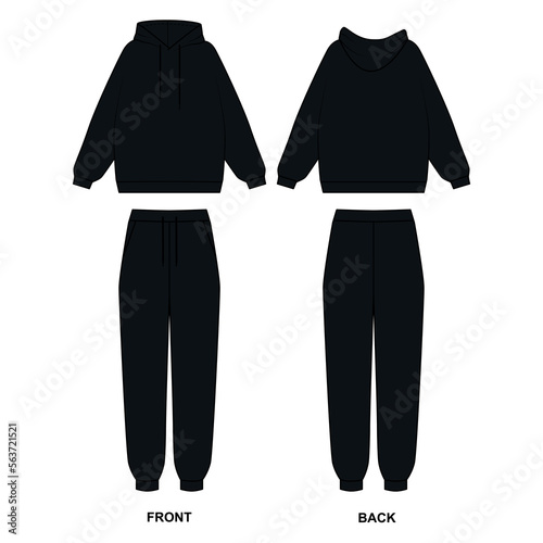 Vector drawing of a fashionable tracksuit in black. Vector sketch of hoodie and sweatpants, joggers with pockets. Set of technical drawing pajamas, vector.