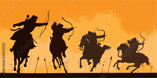 Valokuva Silhouette of a horse archers and warriors