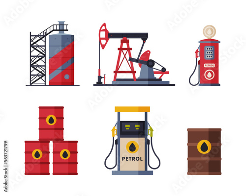 Oil and Petrol Industry with Pumpjack, Station and Barrels Vector Set