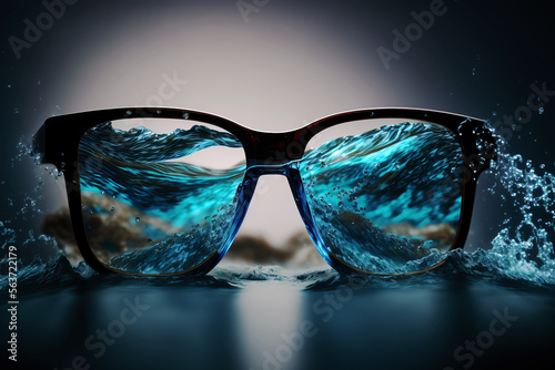 close-up of eyeglasses with water waves, ai generated