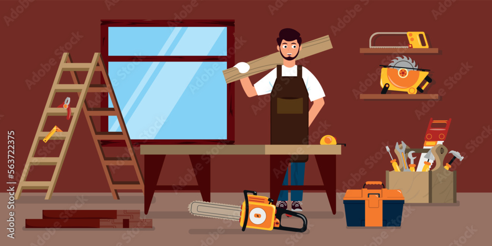 Vector illustration of interior wooden workshop. Cartoon interior with a carpenter who is holding a log and wants to repair a window, tool shelves, countertop, tool box, chainsaw, ladder.