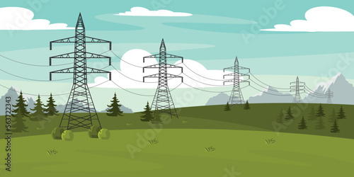 Vector illustration of lines of electricity transfers. Cartoon forest landscape with power line supports, fields, trees on mountain background.