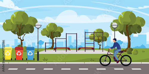 Vector illustration of a sport childrens playground. Cartoon urban buildings with horizontal bars, stairs, gymnastic rings, trash cans, man on bike, lanterns, trees and the city in the background.