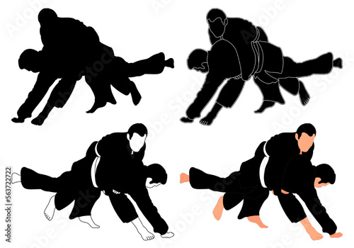 Silhouettes judoist, judoka, fighter in a duel, fight, judo sport, martial art, sport silhouettes pack