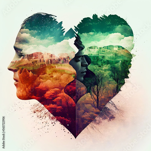 Heart. Double exposure heart. love poster. generative ai. valentines day background.