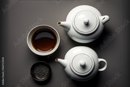  a tea pot and a cup of tea on a table with a spoon and a bowl of black tea on the table top, with a black background with a white border and gold border. Generative AI