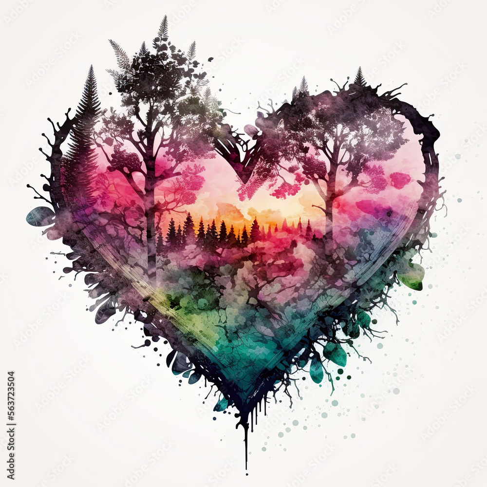 Heart. Watercolor double exposure heart. love for nature poster ...