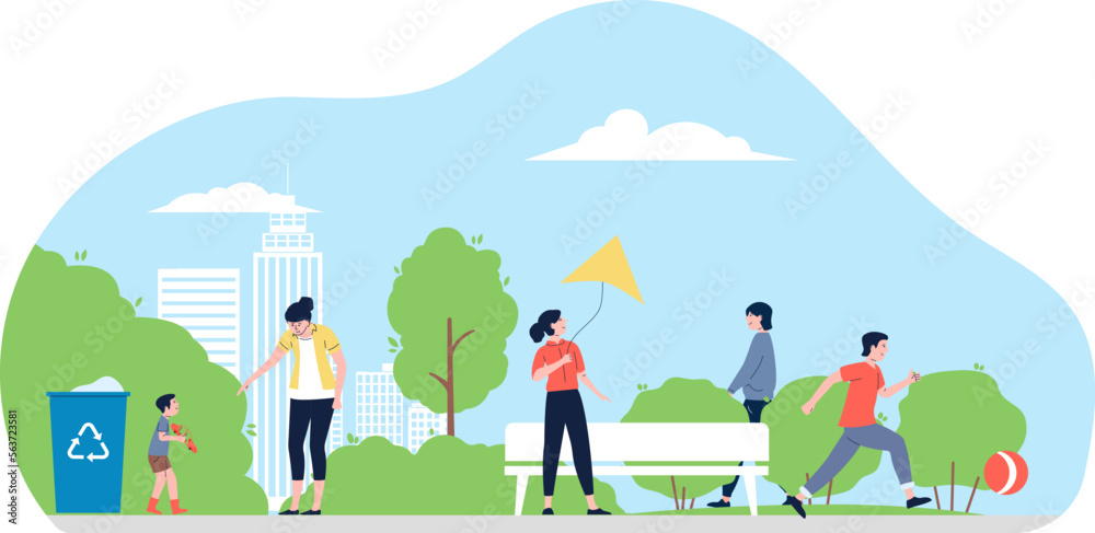 People walk in city park. Flat cute characters play in ball and kite, baby with mother. Outdoor resting, summer vector vacation in town scene
