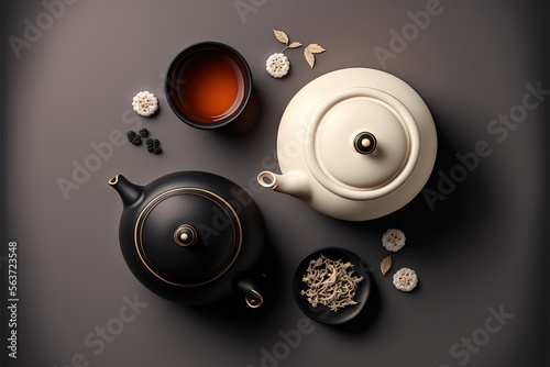  a tea pot and a cup of tea on a table with flowers and butterflies around it, with a spoon and a teapot with a tea in it, on a dark background with a. Generative AI