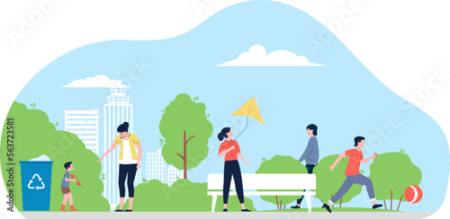 People walk in city park. Flat cute characters play in ball and kite, baby with mother. Outdoor resting, summer vector vacation in town scene