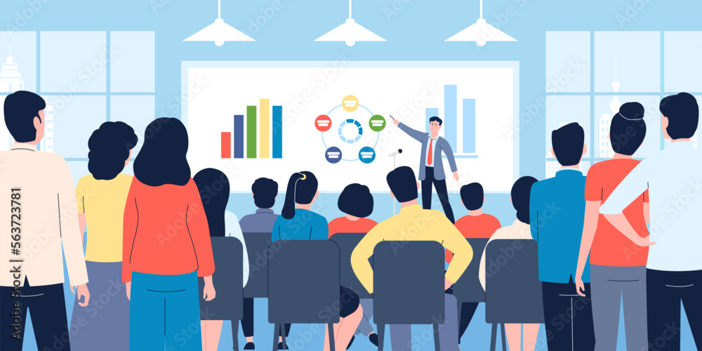 Business seminar or it teaching company. Financial lecture for employees, marketing and sales presentation in office. Conference recent vector scene - obrazy, fototapety, plakaty 