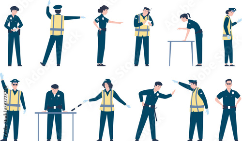 Traffic police man characters. Speeding patrol, policeman and vigilantes. Security officer, guard cops in various pose. Policemen recent vector set