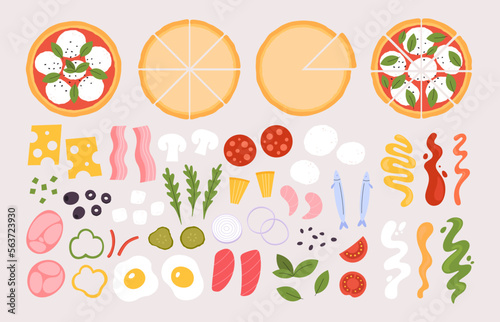 Pizza constructor ingredients. Mushrooms, sausage, cheese and vegetables, mozzarella and various sauces. Italian pizza maker racy vector set