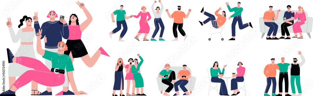 Flat friends characters together activities. Friend talking, girls in cafe and karaoke. Student company conversation with drinks and dance, sapid vector set