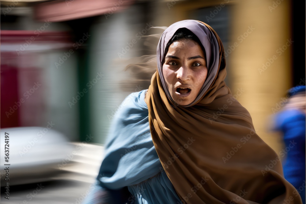Middle Eastern  woman wearing a hijab running in the street of a North African city. Generative AI