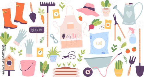 Garden tools set. Wheelbarrow and rake, farming tool spring organic plants. Agriculture seeds, gardening water can and flowerpot racy vector clipart