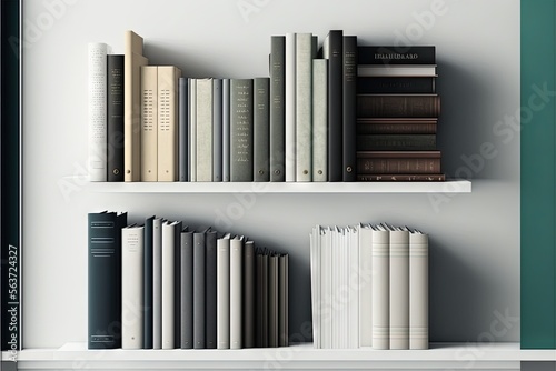  a book shelf with books on it and a green door in the background  with a white shelf with books on it and a green door in the background  with a green door . Generative AI 