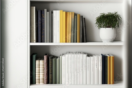  a white book shelf with a potted plant and books on it, all lined up in rows, with books on each shelf, and a white vase with yellow and black and white. Generative AI 