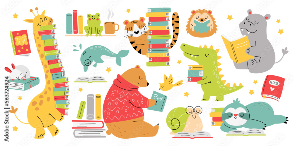 Funny animals read books flat icons set. Cute cartoon tiger, dolphin, crocodile, snail,bird reading interesting texts