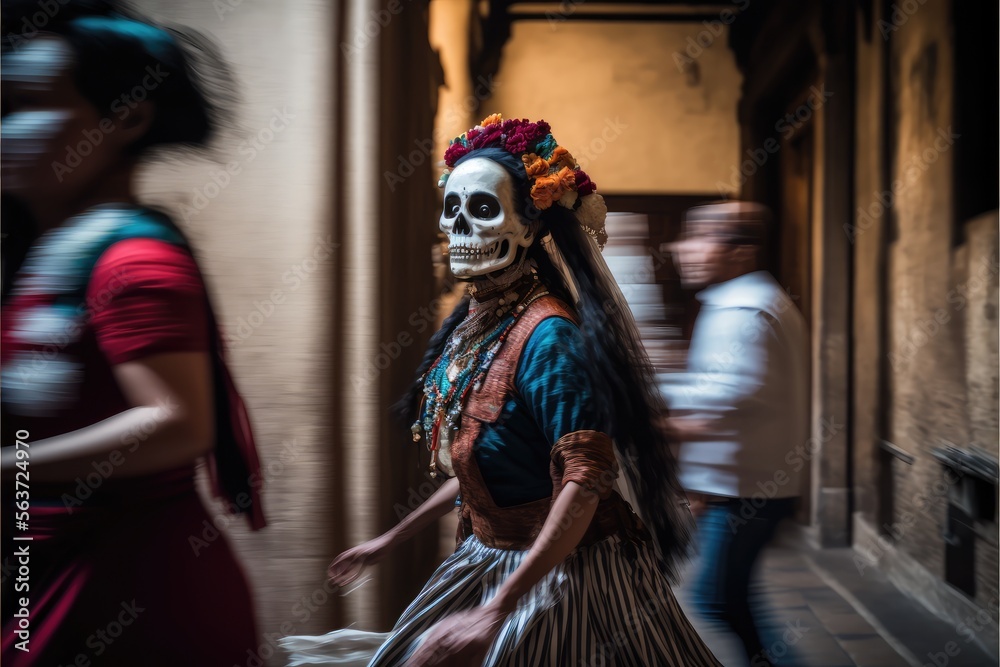 Mexican woman wearing a Dias de los muertos catrina mask and outfit walking down the street in Mexico City downtown. generative AI