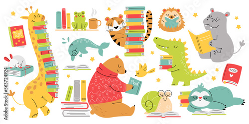 Funny animals read books flat icons set. Cute cartoon tiger, dolphin, crocodile, snail,bird reading interesting texts photo