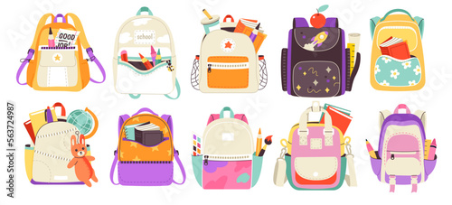 School bags flat icons set. Trendy backpacks with cute accessories. Globe, teddy rabbit, book and pencil