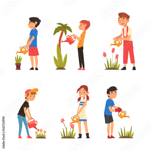 Little Kids Watering Plants and Flower with Watering Can Vector Set