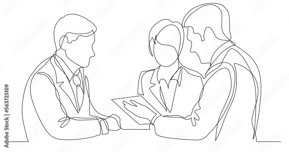 continuous line drawing vector illustration with FULLY EDITABLE STROKE of business persons discussing working contract continuous line drawing vector illustration with FULLY EDITABLE STROKE of business persons discussing working contract