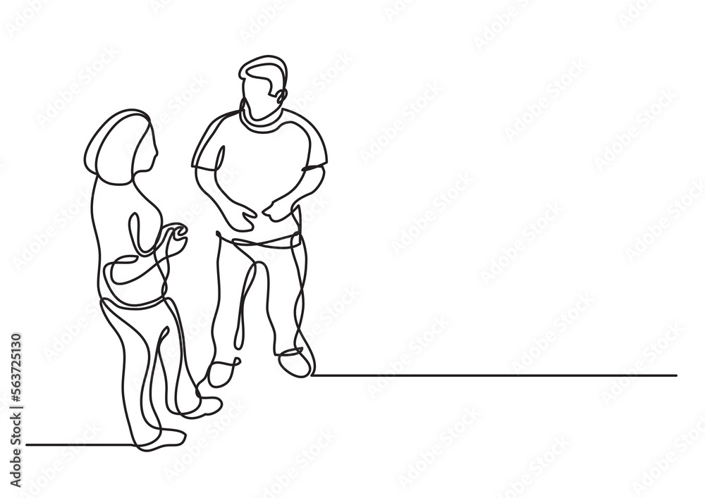 continuous line drawing vector illustration with FULLY EDITABLE STROKE of man woman talking