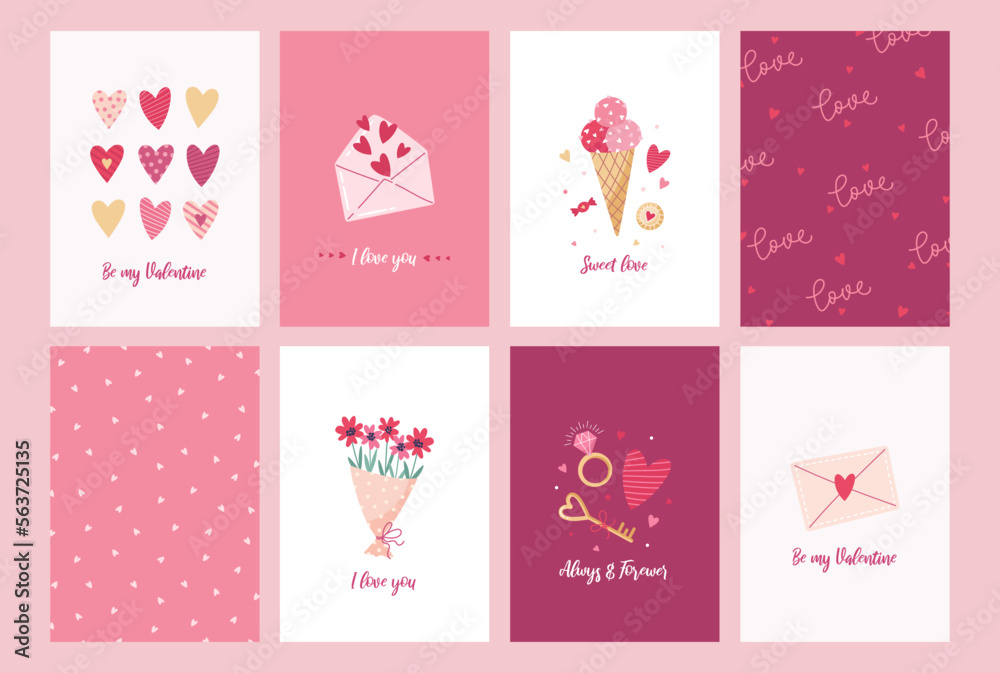 Set of greeting cards for Valentine's Day. Love concept. Vector cute illustrations with festive decorative elements, hearts, envelope, sweets and inscriptions.