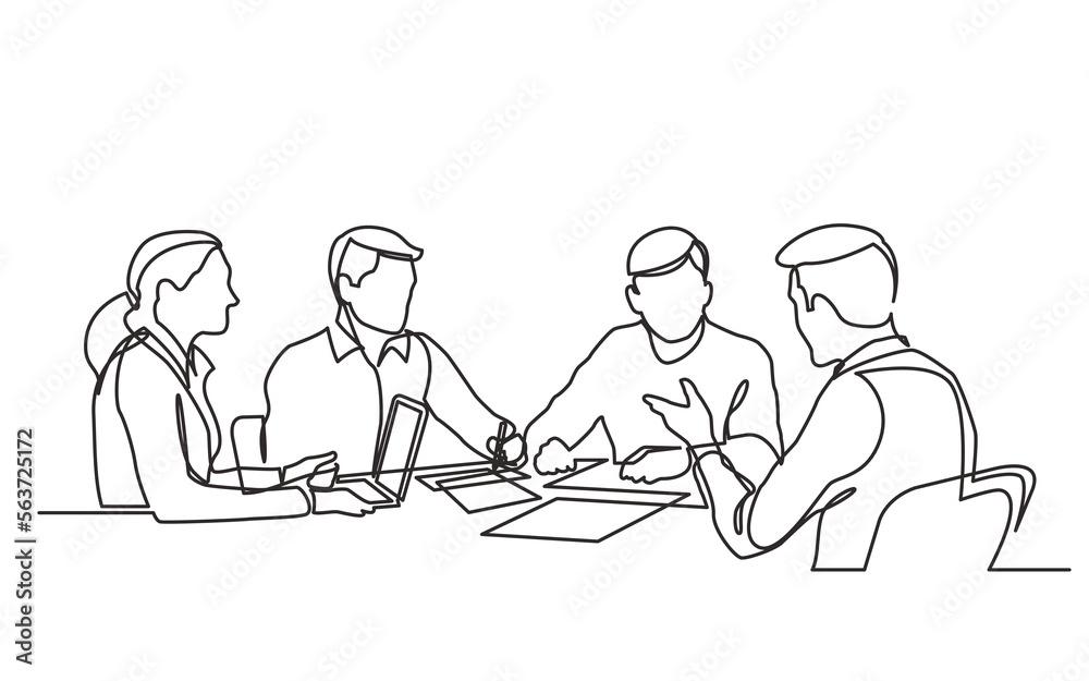 continuous line drawing vector illustration with FULLY EDITABLE STROKE of office workers business meeting