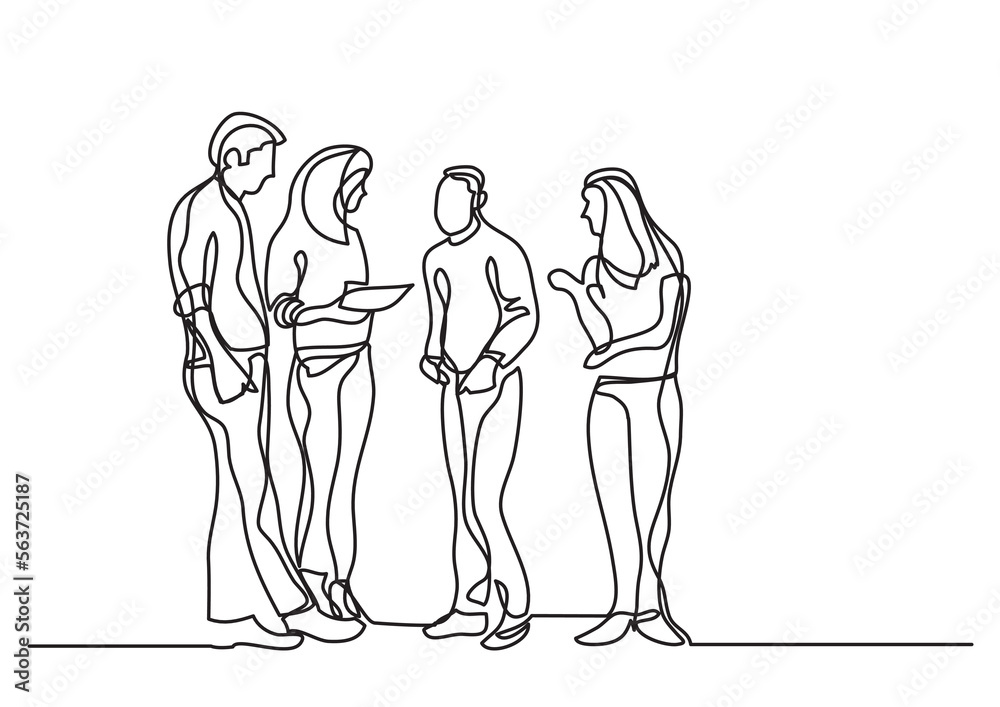 continuous line drawing vector illustration with FULLY EDITABLE STROKE of one line drawing coworkers talking continuous line drawing vector illustration with FULLY EDITABLE STROKE of one line drawing coworkers talking