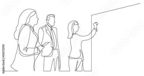 continuous line drawing vector illustration with FULLY EDITABLE STROKE of business team discussing whiteboard drawing during brainstorm session