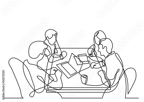continuous line drawing vector illustration with FULLY EDITABLE STROKE of four team members working together