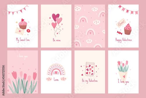 Set of greeting cards for Valentine's Day. Love concept. Vector cute pastel illustrations with festive decorative elements, hearts, envelope, sweets and inscriptions.
