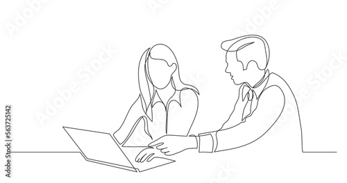 continuous line drawing vector illustration with FULLY EDITABLE STROKE of manager helping employee pointing at laptop computer