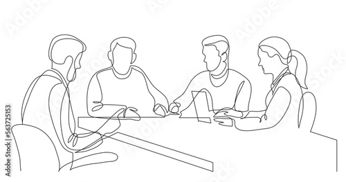 continuous line drawing vector illustration with FULLY EDITABLE STROKE of modern business team brainstorming during meeting