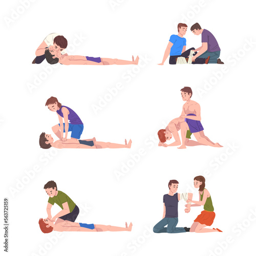 Emergency First Aid Procedure with Man and Woman Helping Victim Vector Set
