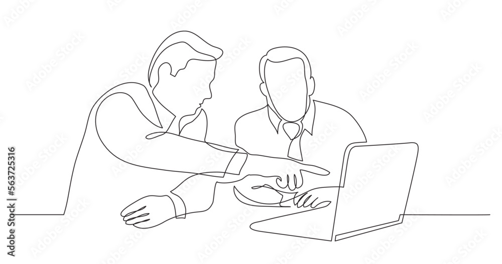 continuous line drawing vector illustration with FULLY EDITABLE STROKE of two business partners discussing presentation on laptop screen